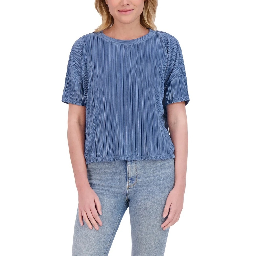 Andrew Marc Women’s Light Blue Plisse Short Sleeve Top, Size XL